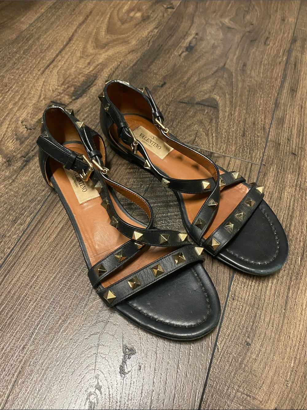 Valentino Black Leather Rockstud Flat Strappy Sandals with Gold Studs